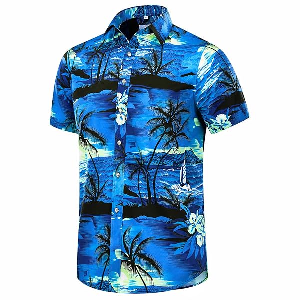 EUOW MEN’S HAWAIIAN SHIRT SHORT SLEEVES PRINTED BUTTON DOWN SUMMER BEACH DRESS SHIRTS (CYAN BLUE, L)