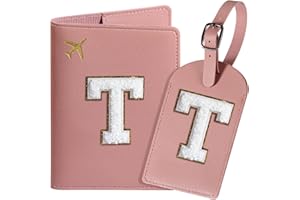 ROKOXIN Passport Cover Case and Luggage Tag Set for Women Girls, Passport Book Holder with Personalized Chenille Letter Patch, Slim Travel Wallet Bag Suitcase Identifier, Pink, T