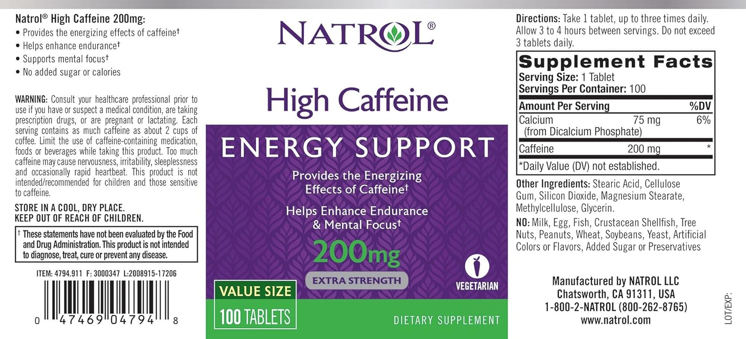 Natrol High Caffeine Tablets, Energy Support, Helps Enhance Endurance and Mental Focus, Caffeine Supplement, Fatigue, Pre-Workout, Extra Strength, 200mg, 100 Count: Health & Personal Care