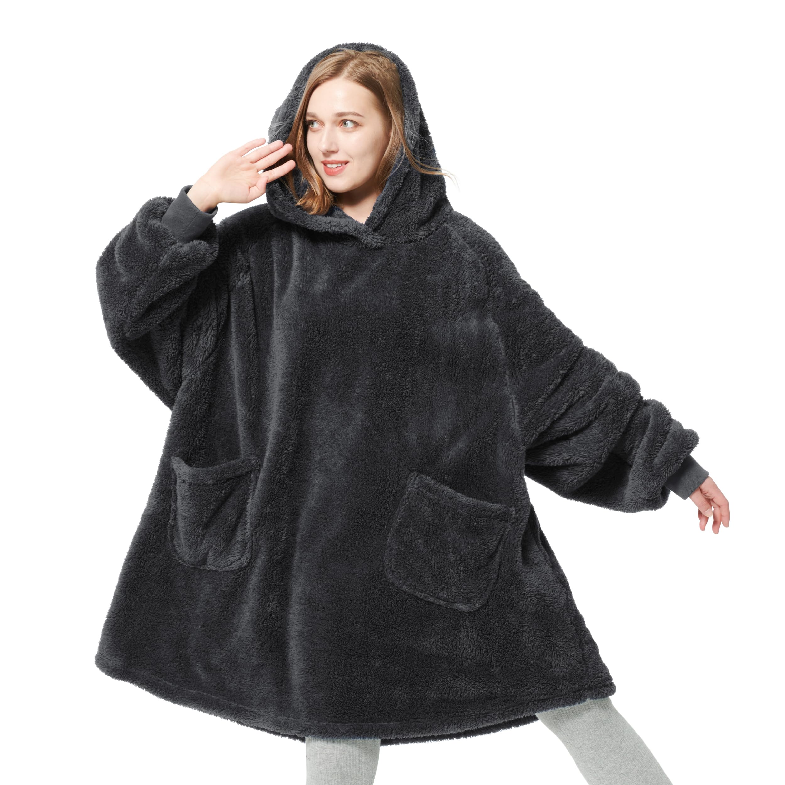 Bedsure Wearable Blanket Hoodie Women - Fluffy Fleece Hoodie Blanket for Men, Warm & Cozy Gifts for Women Men Her Mum, Ash Black, L — image 1