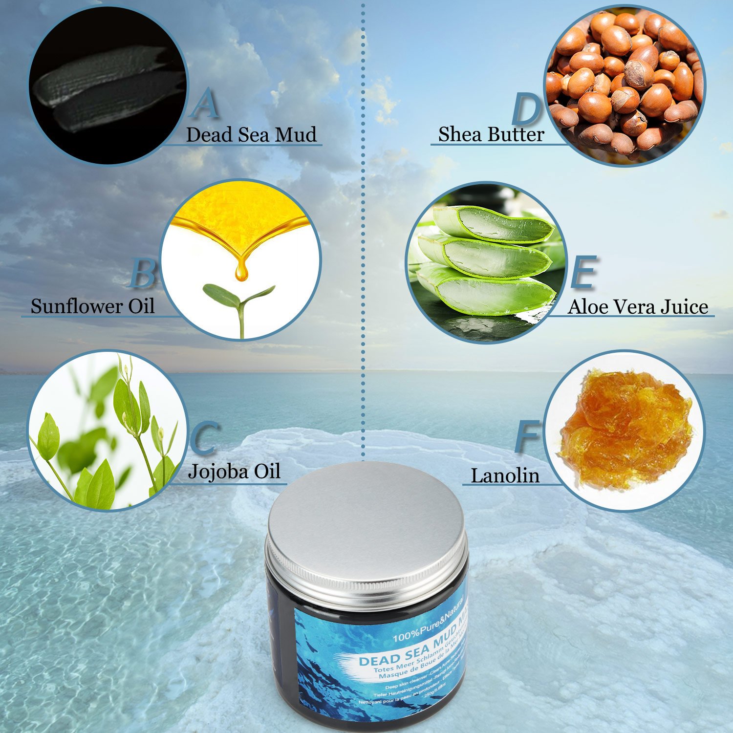 Wotek Mascarilla Facial de Barro de Mar Muerto, Mascarilla Hidratante Facial, Limpiadora Profunda - Elimina El Acné y Reduce Poro -100% Natural, Orgánica y Mineral