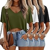 Neer 4 Pack Women's Oversized Crop T Shirts Summer V Neck Short Sleeve Tops Irregular Hem Baggy Top