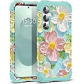 SleekCover for Galaxy S25 5G Case,3 in 1 Oil Painting Flower Pattern Heavy Duty Shockproof Protection Silicone Rubber Bumper+Hard Plastic Protective Cover for Samsung Galaxy S25,Green Flower
