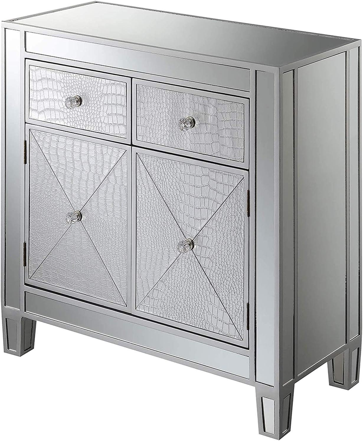 Convenience Concepts Gold Coast Vineyard 2 Drawer Mirrored Hall Table, Silver Faux Croc / Silver