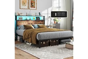RVONOW Queen Size Bed Frame with Headboard, Metal Platform Bed Frame with LED Lights & Charging Station, Under Bed Storage, Solid and Stable, No Box Spring Needed, Noise Free, Easy Assembly, Vintage Brown