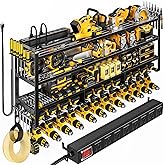 POKIPO 49.5" W Large Power Tool Organizer Wall Mount with Charging Station, 4 Tier Heavy Duty 12 Cordless Drills Holder Load 800 lb, Tool Battery Storage Rack Built in 8 Outlet Power Strip for Garage