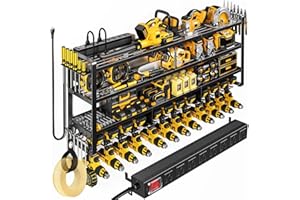 POKIPO 49.5" W Large Power Tool Organizer Wall Mount with Charging Station, 4 Tier Heavy Duty 12 Cordless Drills Holder Load 800 lb, Tool Battery Storage Rack Built in 8 Outlet Power Strip for Garage
