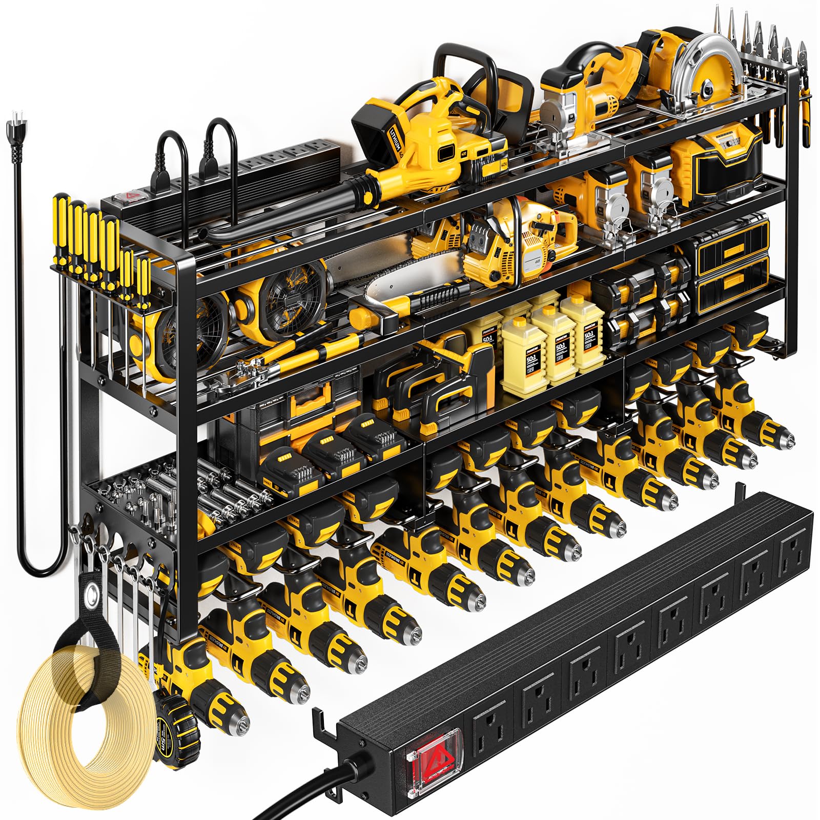 Photo 1 of POKIPO 49.5" W Large Power Tool Organizer Wall Mount with Charging Station, 4 Tier Heavy Duty 12 Cordless Drills Holder Load 800 lb, Tool Battery Storage Rack Built in 8 Outlet Power Strip for Garage
