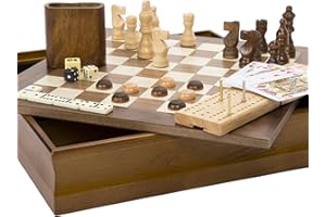 Hey! Play! 7-in-1 Classic Wooden Board Game Set – Old Fashioned Family Game Night Cards, Dice, Chess, Checkers, Backgammon, Dominoes and Cribbage (12-HY2691)