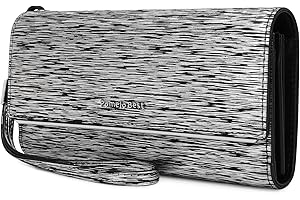 POMELO BEST Womens Leather Wallet, Large Capacity RFID Blocking Genuine Leather Wallets with Zipper Ladies Multi Card Holder with Removable Wristlet (plaid)