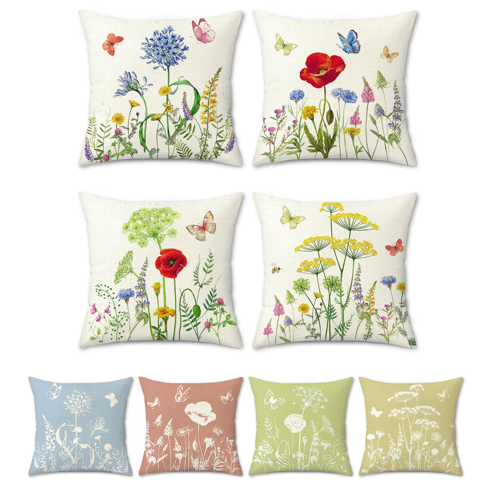 Bonhause Spring Floral Cushion Covers 45 x 45 cm Both Sides Flower Butterfly Decorative Throw Pillow Covers for Sofa Bed Patio Garden Outdoor Decor Set of 4