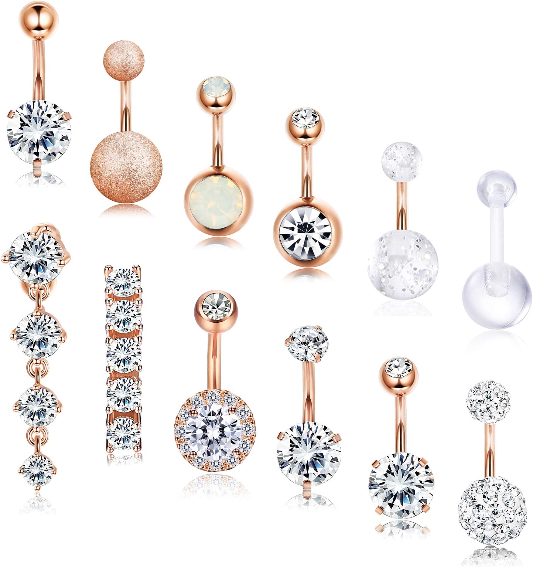 12 PCS 14G Belly Button Ring for Women Girls Stainless Steel CZ Navel Ring Barbell Body Piercing