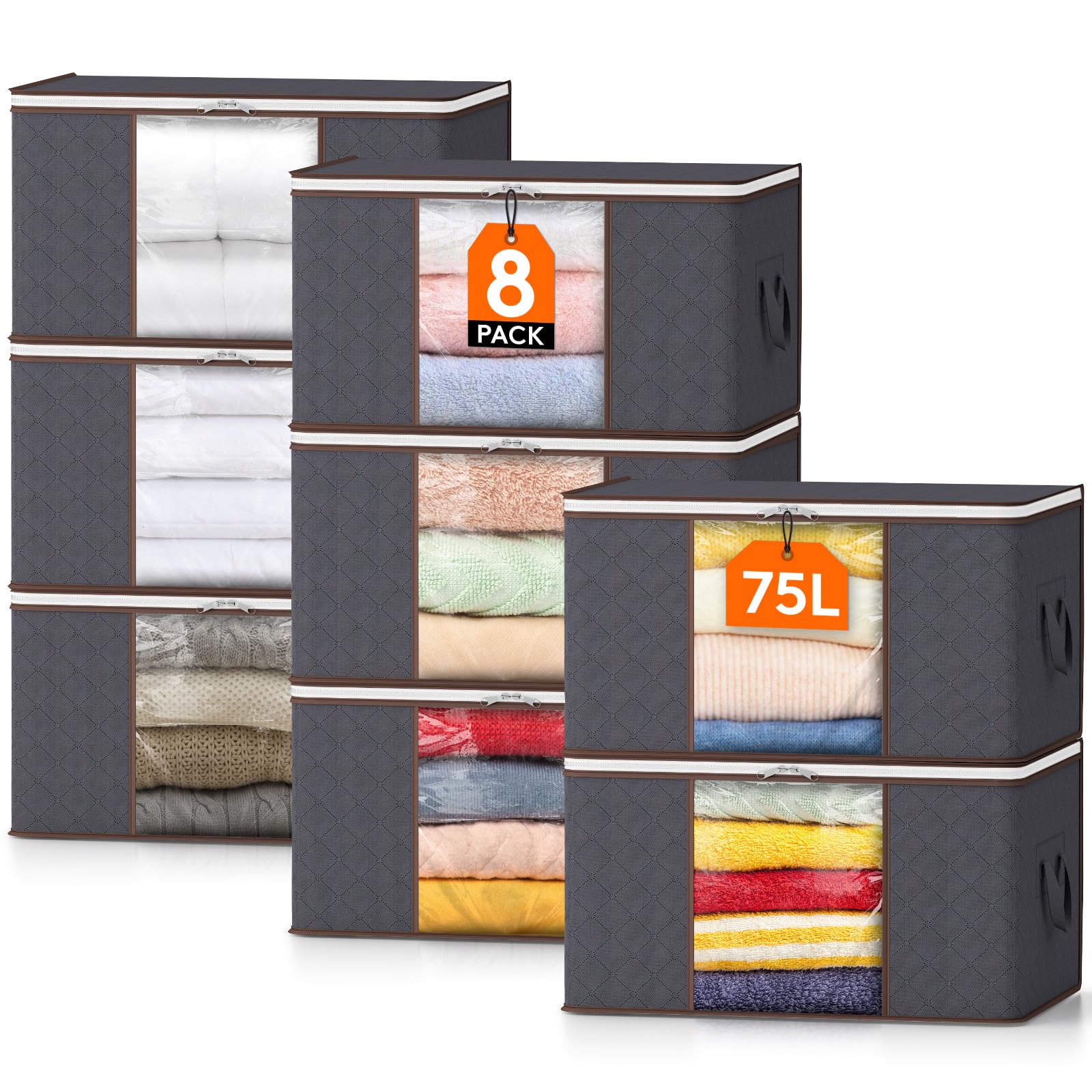 Lifewit 8 Pack Large Clothes Storage Bags Boxes with Lids, 75L Wardrobe Storage Organiser Packing Boxes for Moving House with Reinforced Handle Thick Fabric for Clothing Towel Blanket Bedding, Gray