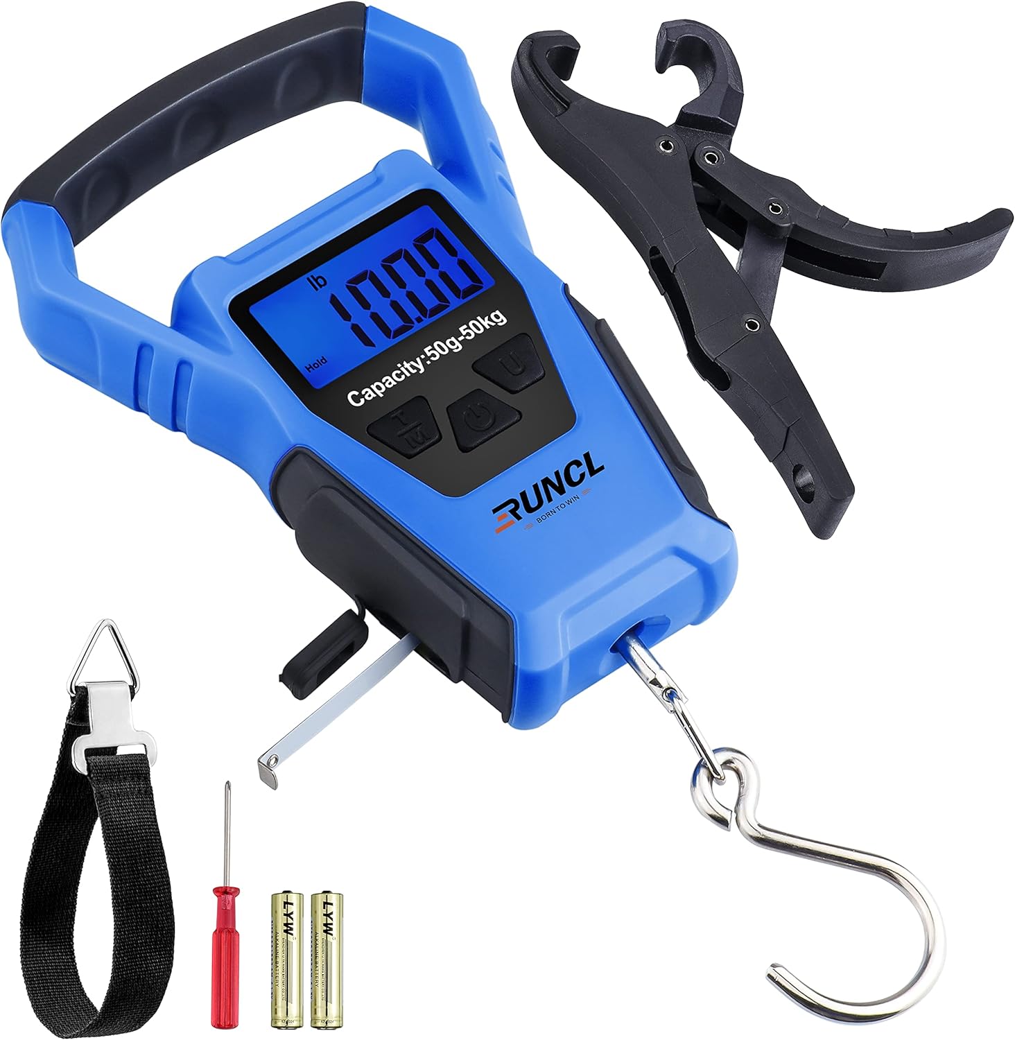 RUNCL Waterproof Fishing Scale with Fish Lip Gripper, Digital Fishing Scale with Ruler, Weight Scale 110lb/50kgs - Backlit LCD Display, Memory Storage & Summation - Hanging Scale (Blue): Industrial & Scientific