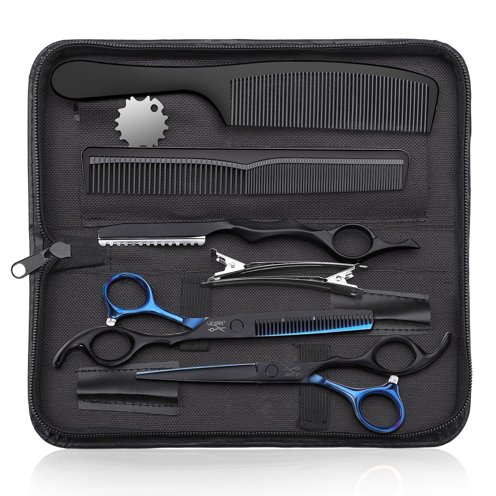 JASON Professional Hairdressing Scissors - 6.5" Hair Scissors (Cutting & Thinning), Beginner Set, Blue Black
