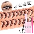 DIY Lash Extensions Kit Natural Cat Eye Lashes Wispy False Lashes CC Curl Fake Eyelashes Strips Gently Fluffy Eyelash Extensions with Bond and Seal Lash Glue and Tweezers and Scissors Kit