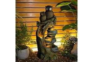 BUMILGAR 34.3''H Outdoor Water Fountain Owl Tree Stump, 4 - Tier Cascading Waterfall Garden Fountains with LED Lights & Pump Water Feature Resin for Patio, Deck, Yard, Home Decor