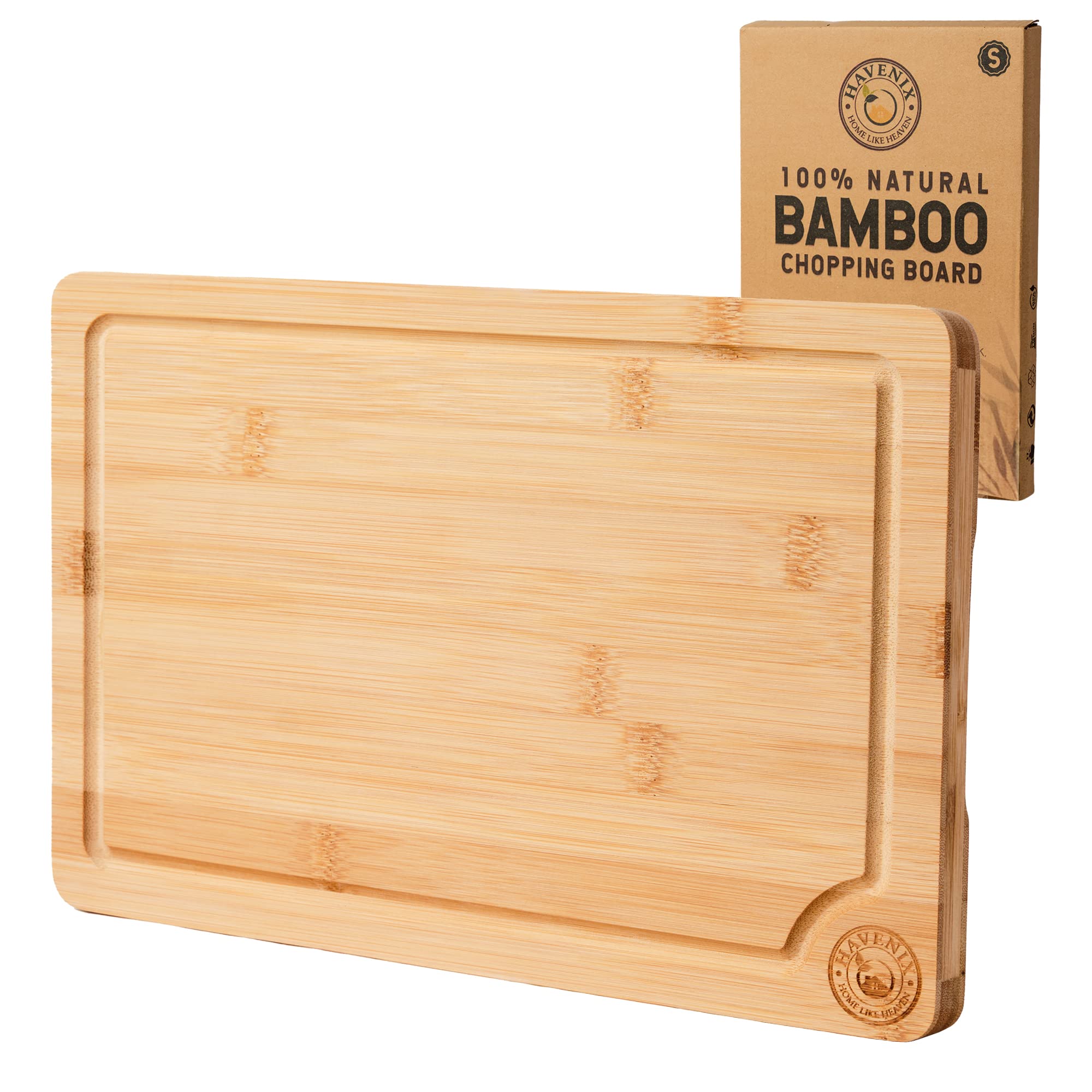 HAVENIX Wooden Chopping Board & Serving Tray – 100% Natural Organic Bamboo Cutting Board | Multi-Purpose Wooden Tray with Juice Grooves for Carving Meat, Vegetables, Fruits & Bread (30 x 20 x 2 cm)