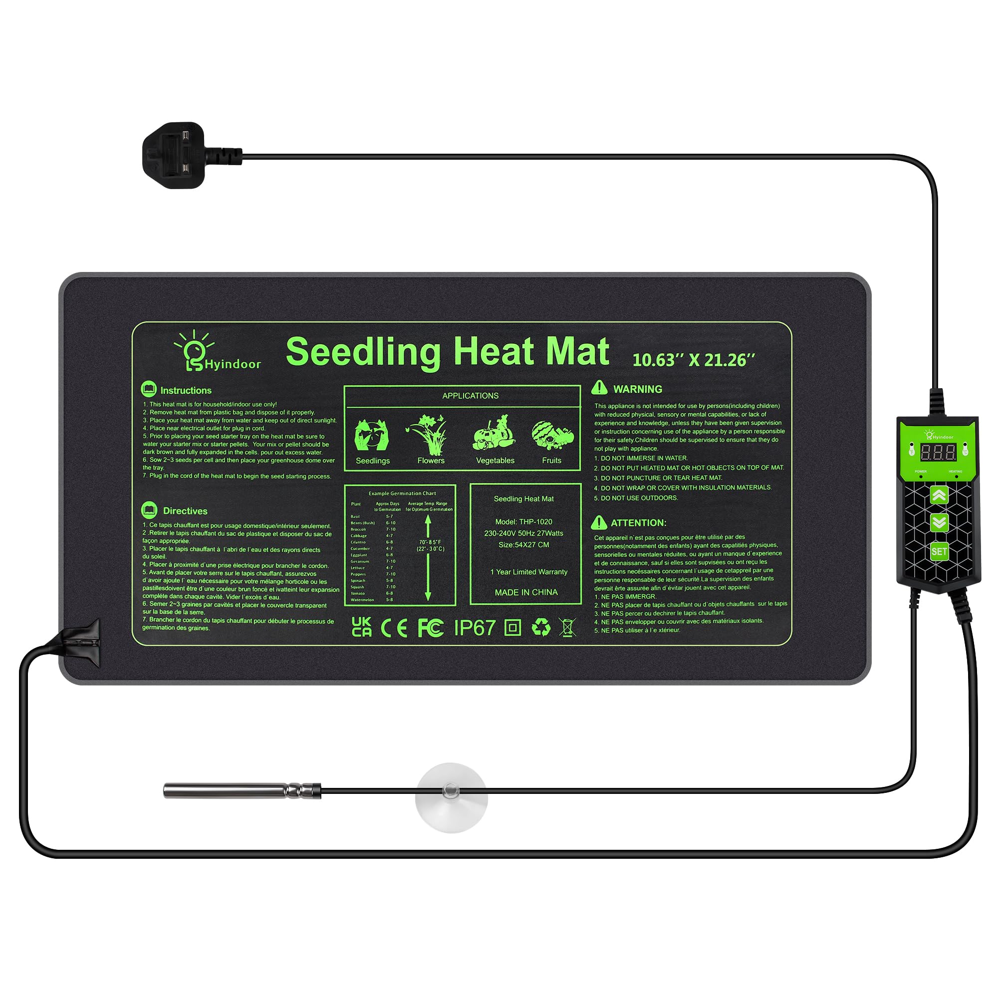 Hyindoor Heat Mat for Plants,Waterproof Seedling Heat Mat with Thermostat 10.63”*21.26” Germination Heated Propagator Warming Mat for Indoor Gardening Greenhouse