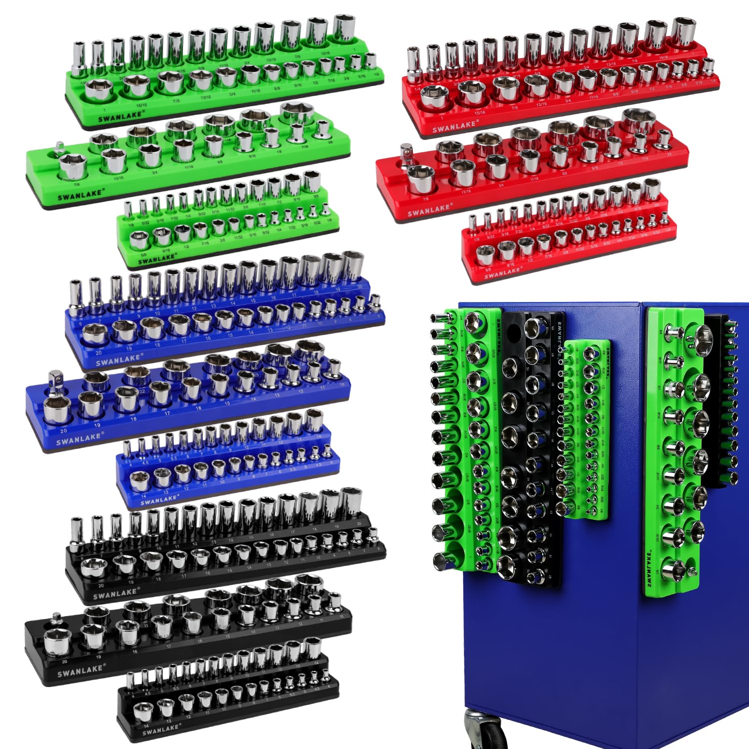 Photo 1 of SWANLAKE Magnetic Socket Organizer Set, 1/4", 3/8", 1/2" Sockets Holds 286 Pieces Magnetic Socket Trays (Blue&red&black&green, 12 Pcs)