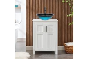 UEV White 24" Bathroom Vanity with Sink Combo,Modern Vanity with Vessel Sink,Stylish Bathroom Vanity Cabinet,Grooved Doors & Metal Handles,Modern Square Ocean Blue Tempered Glass Vessel Sink(A10)
