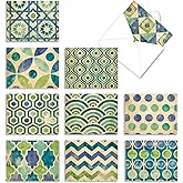 The Best Card Company - 10 Colorful Blank Note Cards with Envelopes (4 x 5.12Inch) - Assorted Boxed Set - Watercolor Tiles M6685OCB