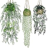 HOTOOLME Fake Hanging Plants, 3 Pack Artificial Hanging Plants in Basket, Fake Potted Plant Indoor for Wall Living Room Office Kitchen Bedroom Bathroom Home Decor