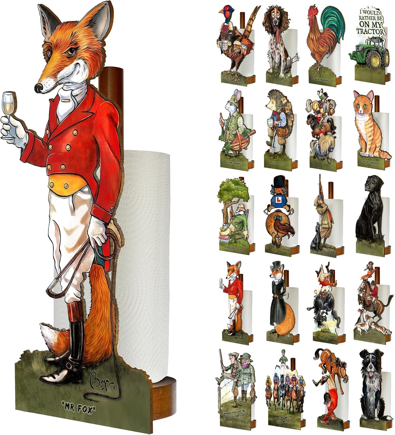 Looprints Fun Toilet Roll Storage & Kitchen Towel Holder Wooden Stand | Bryn Parry Equestrian Art | Novelty Kitchen & Bathroom Decor | This Mr Fox Design Is Sure To Impress With Style & Practicality. โ image 1
