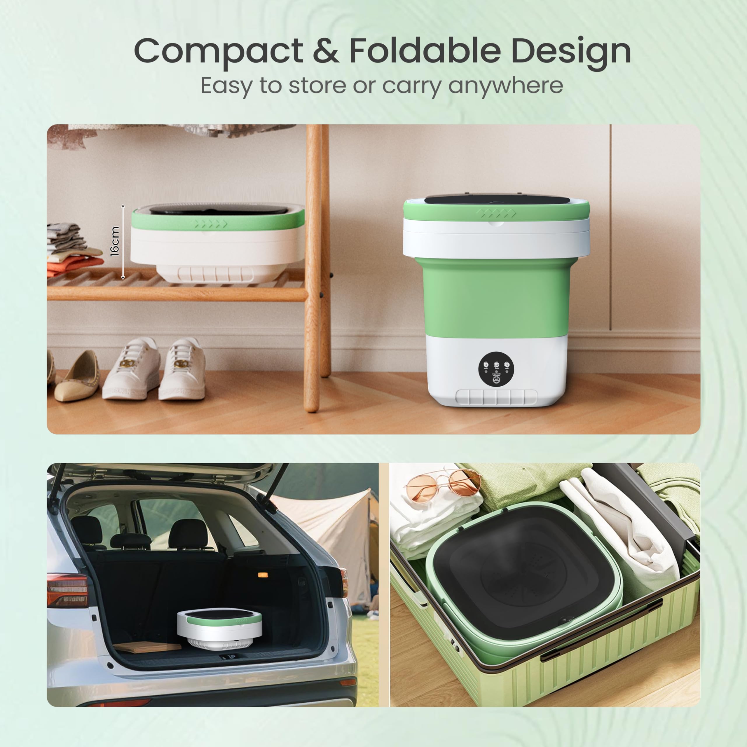 Portable Washing Machine - 16L Mini Foldable Washer with Spin Basket, 3 Cleaning Modes & Deep Cleaning for Small Clothes, Collapsible Laundry for Apartment, Home, Hotel and Travel (Green)