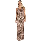 MORGAN AND CO. Women's Mocha Sequin Halter Gown | Elegant Juniors' Open Back & Thigh Slit Prom & Formal Dress