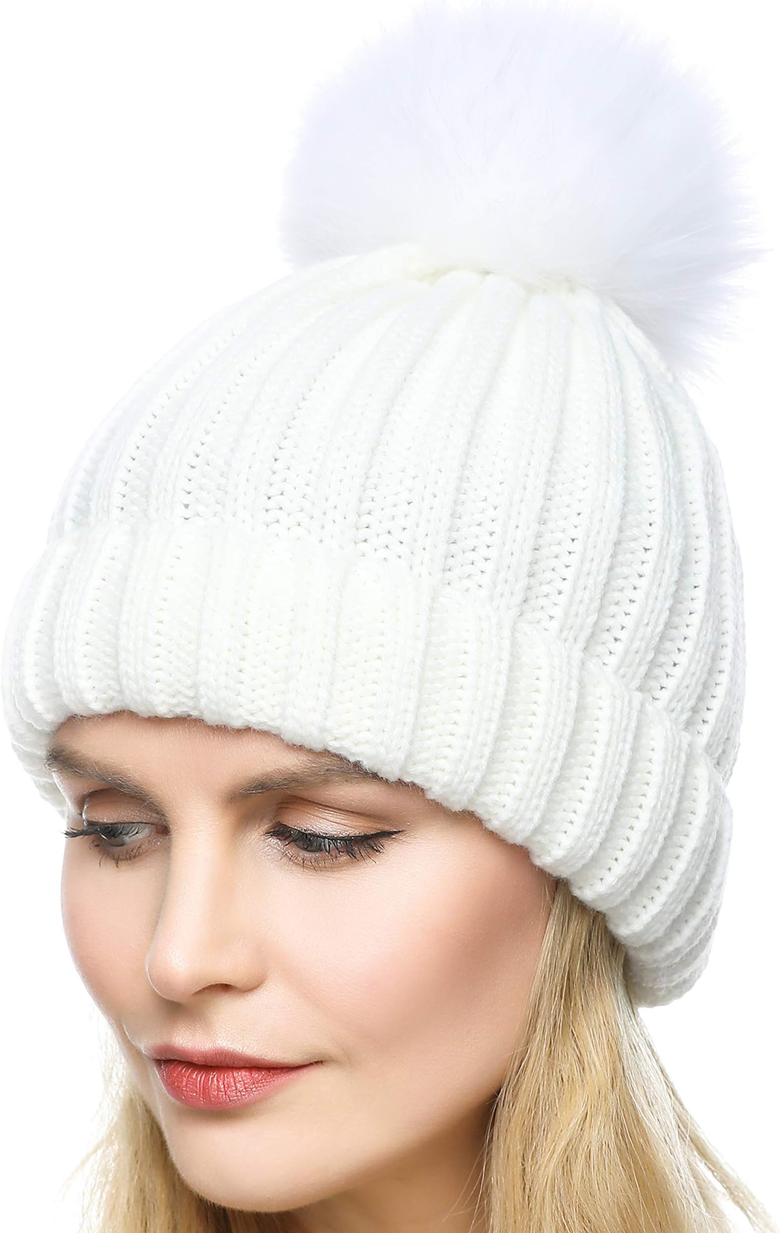 Dikoaina Womens Girls Winter Fur Hat Large Faux Fur Pom Pom Slouchy Beanie Hats