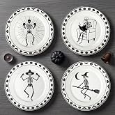 Rtteri 4 Pcs Halloween Ceramic Plates 9 in Skeleton Dish Dinnerware Set | Ceramic Halloween Dish, Halloween Kitchen Decor, Gothic Salad Dessert Plates, Vintage Skeleton Bat, Spooky Kitchenware Gift