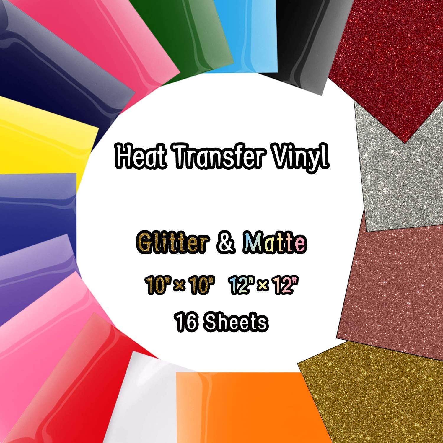 Heat Transfer Vinyl Sheets, Glitter HTV Vinyl Bundle Iron on for T Shirts, Fabric, Clothing - 16 Pcs for Cricut, Silhouette Cameo and Other Cutter Machines - 12" x 12" and 10" x 10"
