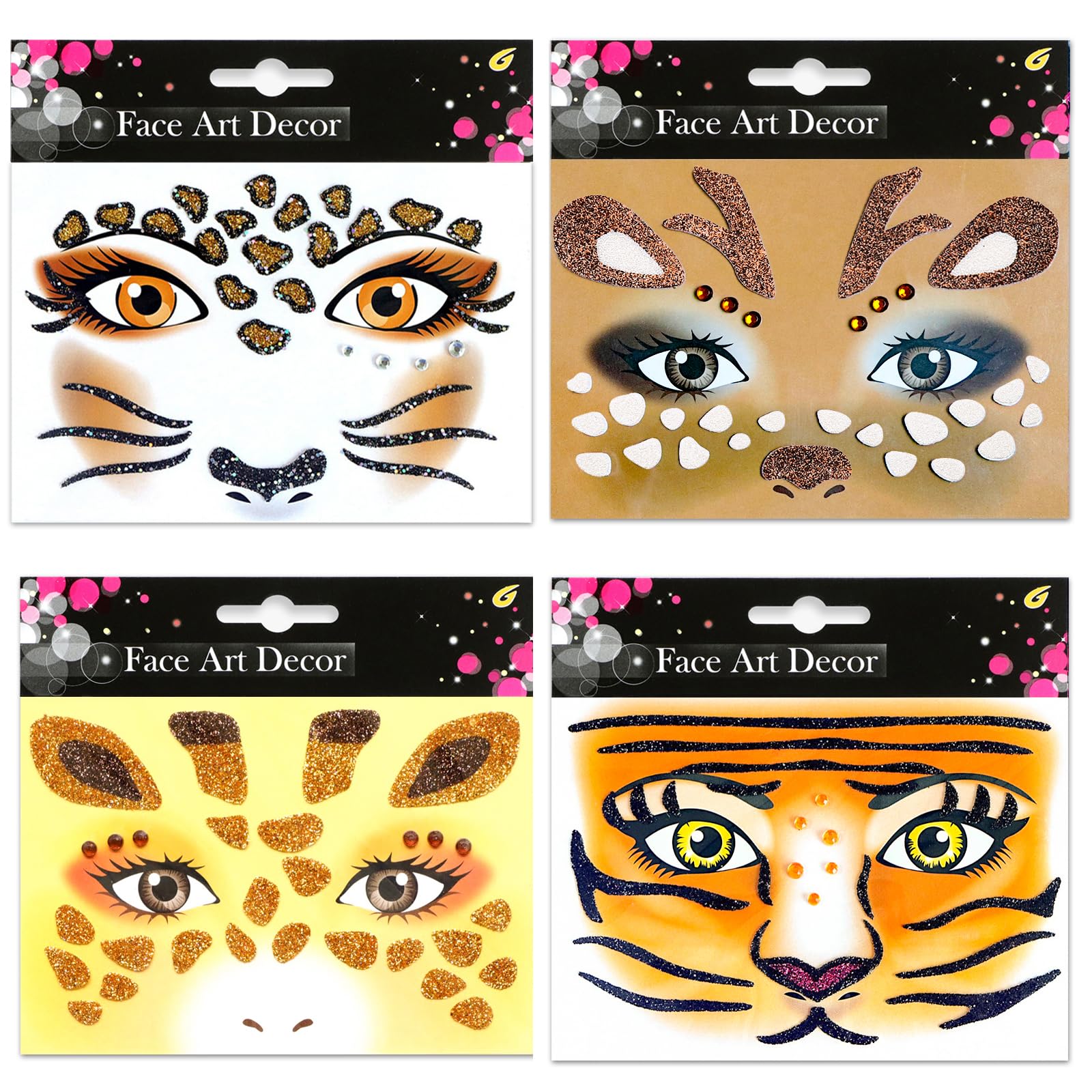 ALEGRE Pack of 4 Face Tattoos, Leopard Face Art Stickers, Tiger Temporary Tattoo, Giraffe Glitter Sticker, Face Tattoo, Carnival, Leopard Costume, Women's Accessories for Theme Party, Fancy Dress