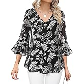 Bebonnie Womens Dressy Casual Tops Ruffle 3/4 Sleeve V Neck Floral Chiffon Blouses