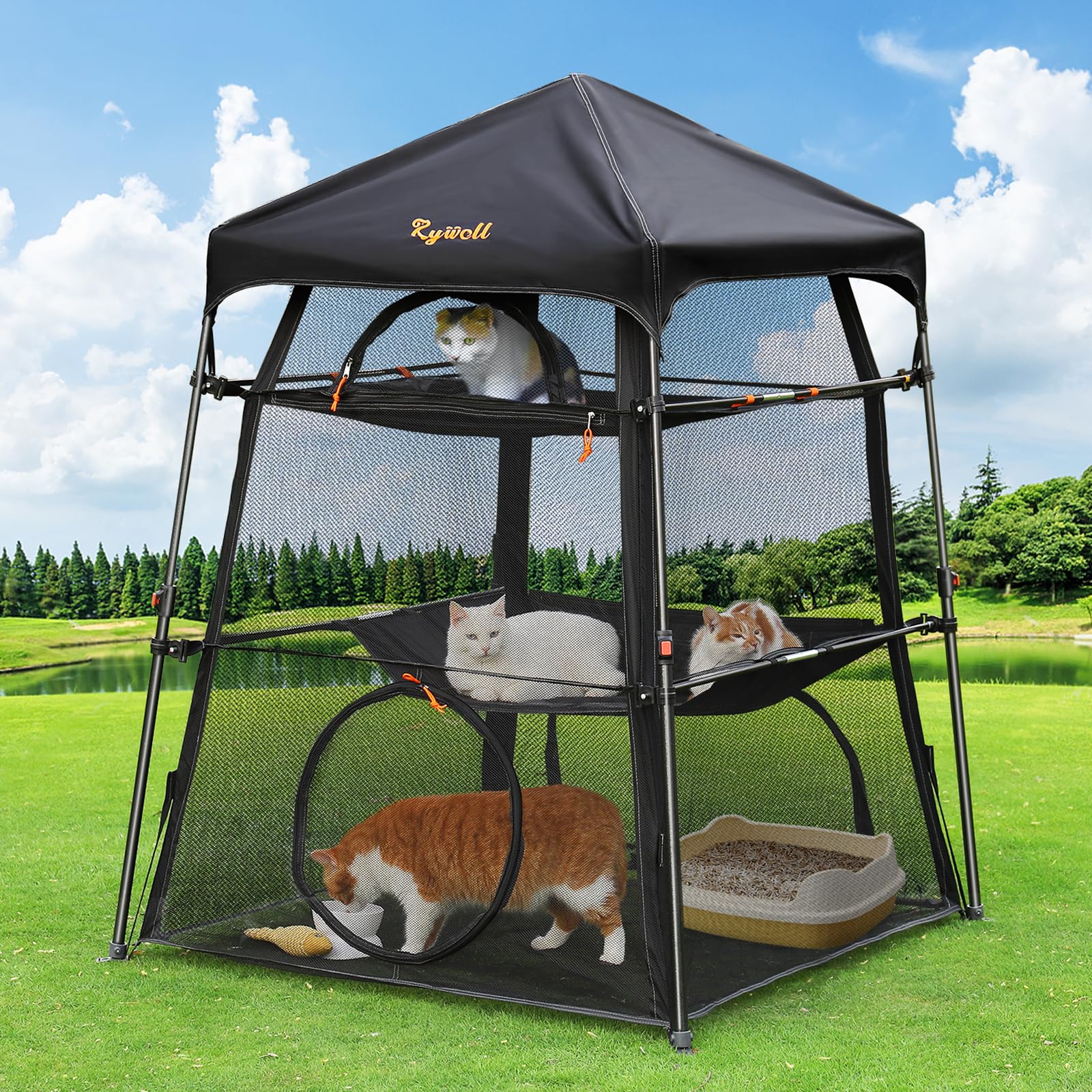 Photo 1 of **MISSING NET/POSSIBLY NET CLIPS AS WELL* ** Extra Large Catio Outdoor Cat Enclosure, Rywell 3-Tier Spacious Outdoor Cat Tent, Weatherproof&Sunproof with 5 Windows, Foldable Cat Enclosure for Patio, Camping, Indoor(Includes Carry Bag)