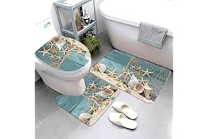 Jbofyee Sea Shells Starfish Beach 3 Piece Bathroom Rugs Set, Bath Mat + Contour Mat + Toilet Seat Cover, Non-Slip Soft Microfiber Seashells Bathmat for Tub Shower Room Decor, Machine Washable