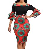VisiChenup Sexy African Dress for Women Elegant Off Shoulder Ruffles Sleeve Ladies Pencil Dresses