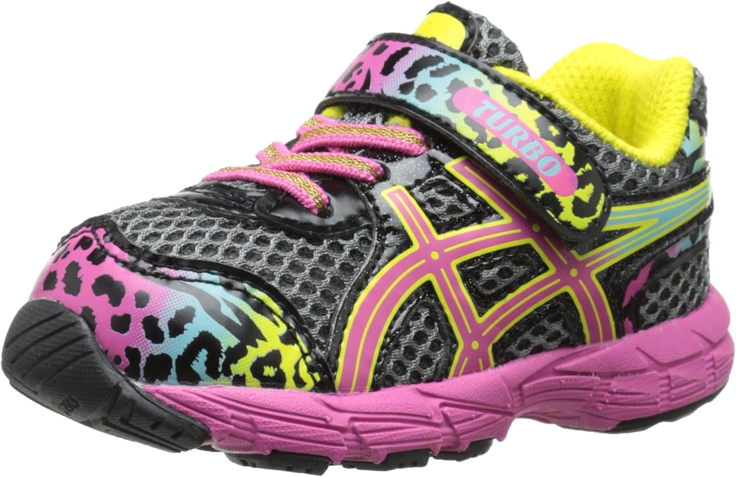 ASICS Turbo TS Running Shoe (Toddler), Charcoal/Rainbow/Cheetah, 4 M US