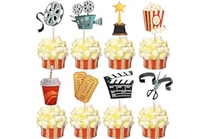 Rsstarxi 40 Pack Movie Cupcake Toppers Movie Night Roll Camera Popcorn Cupcake Picks Decorations for Hollywood Theme Baby Shower Kids Birthday Movie Theme Party Cake Decorations