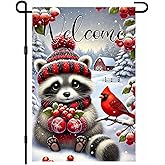 IVN Merry Christmas Garden Flag12x18 Inch Double Sided Welcome Winter Raccoon with Knit Hat and Red Bird Christmas Outdoor Yard Flag for Outside Home Front Door Lawn Porch Patio Welcome Decor
