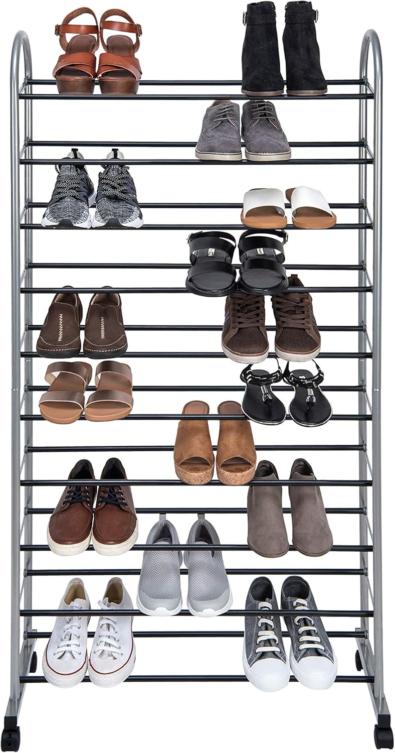 amazon shoes rack on Amazon Com Simplify 10 Tier Mobile Rack On Wheels 40 Pairs Good For Sneakers Heels Boots Shoes Grey Home Kitchen