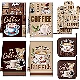 Fourluoo 8 Pcs Coffee Kitchen Towels and Dishcloths Sets Oven Mitts and Pot Holders Sets Absorbent Kitchen Gloves Potholders Heat Resistant for Chef Baking Cooking