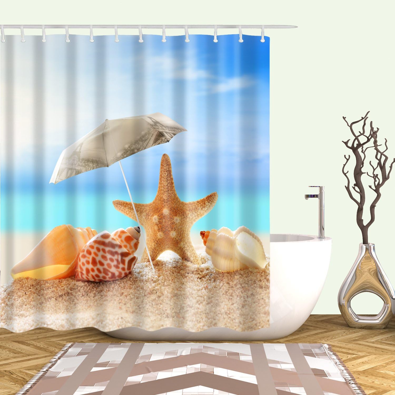 Hibbent Ocean Beach Starfish Seashells Decor Shower Curtain