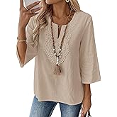 LOMON Womens 3/4 Sleeve Tops Cotton Linen Shirts V Neck Lace Casual Loose Fit Blouses Boho Fashion