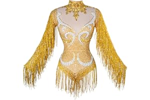 Tyian Sexy Sparkly Diamante Pearl Long Sleeves Fringe Women Bodysuit Team Performance Dance Club Pole Dance Drag Queen Outfit