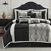 LANCO MODERN LIFESTYLE King Comforter Set, Black Silver, 7 Pieces Bed in a Bag, Ultra Soft Jacquard with Solid Piecework, Luxury Bed Set with Comforters, Bed Skirt, Pillow Shams and Decorative Pillows