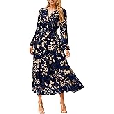 Simplee Women's Floral Boho Long Sleeve Maxi Dress V Neck Empire Waist Swing Flowy Wedding Guest Dress