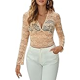 Avidlove Lace Crop Top for Women Mesh Long Sleeve Blouse Deep V Neck Floral Lace Top