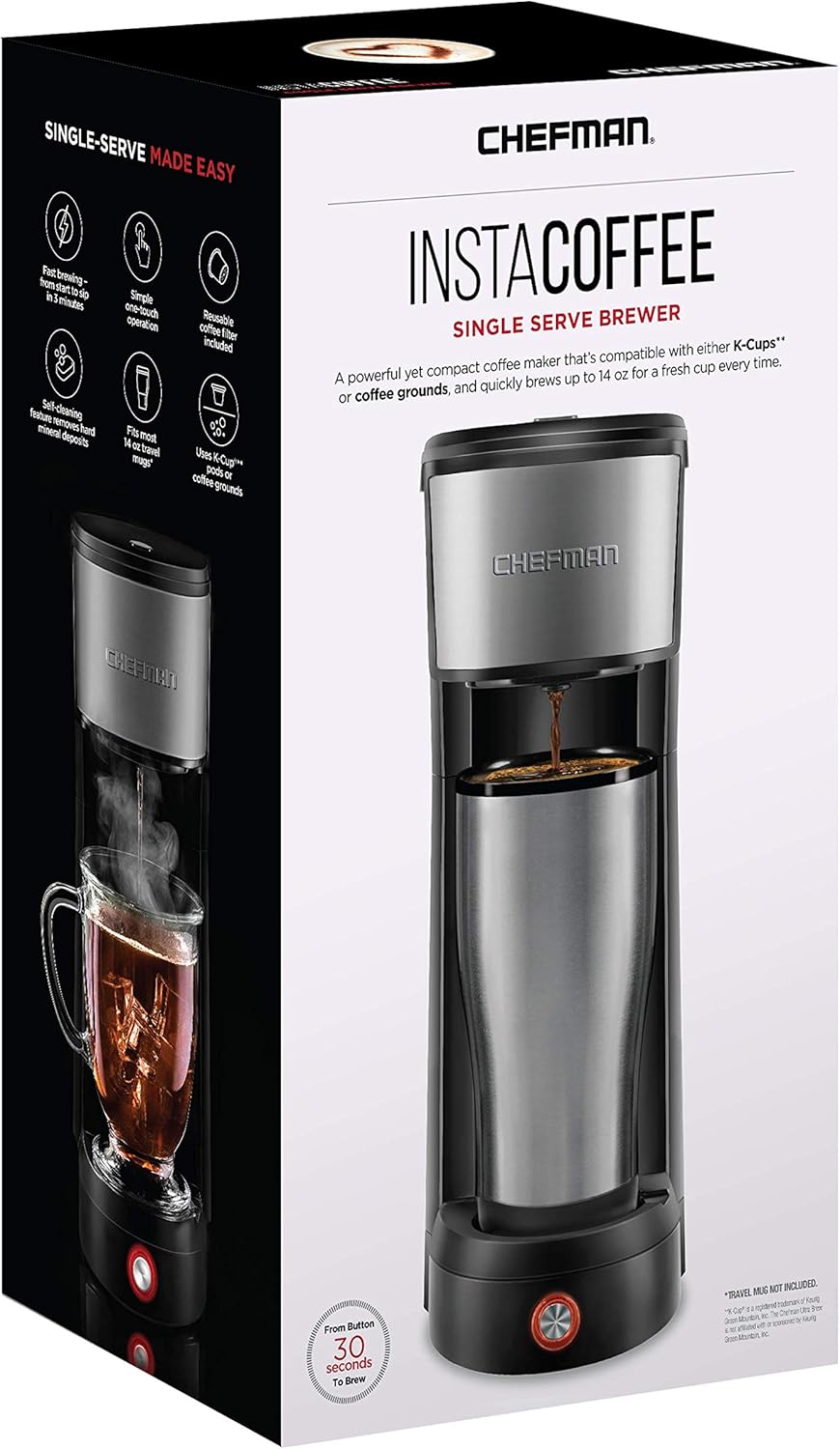 Chefman InstaCoffee Single Serve Coffee Maker Brews in 30 Seconds, Compatible with K-Cup Pods, Grounds and Loose-Leaf Tea w/ Reusable Filter, Compact 14 oz, Black/Stainless Steel, Mug Not Included: Kitchen & Dining